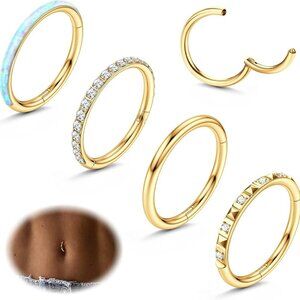 14G Surgical Steel Belly Button Rings 4 Pack CZ Opal Clicker Hoop Navel Jewelry